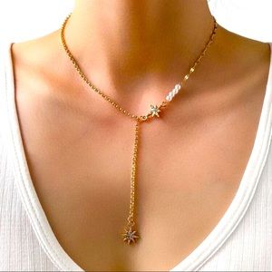 Lariat starburst rhinestone pendant bead necklace goldstone